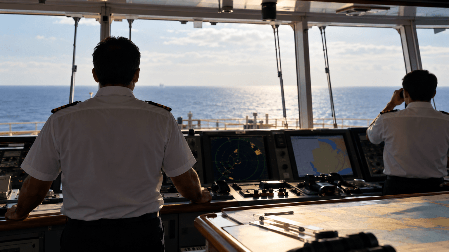 Ship navigation bridge with officers in silhouette looking out to sea