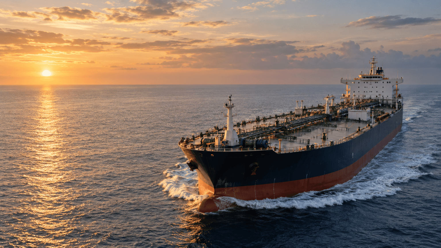 Oil tanker at sea at sunset