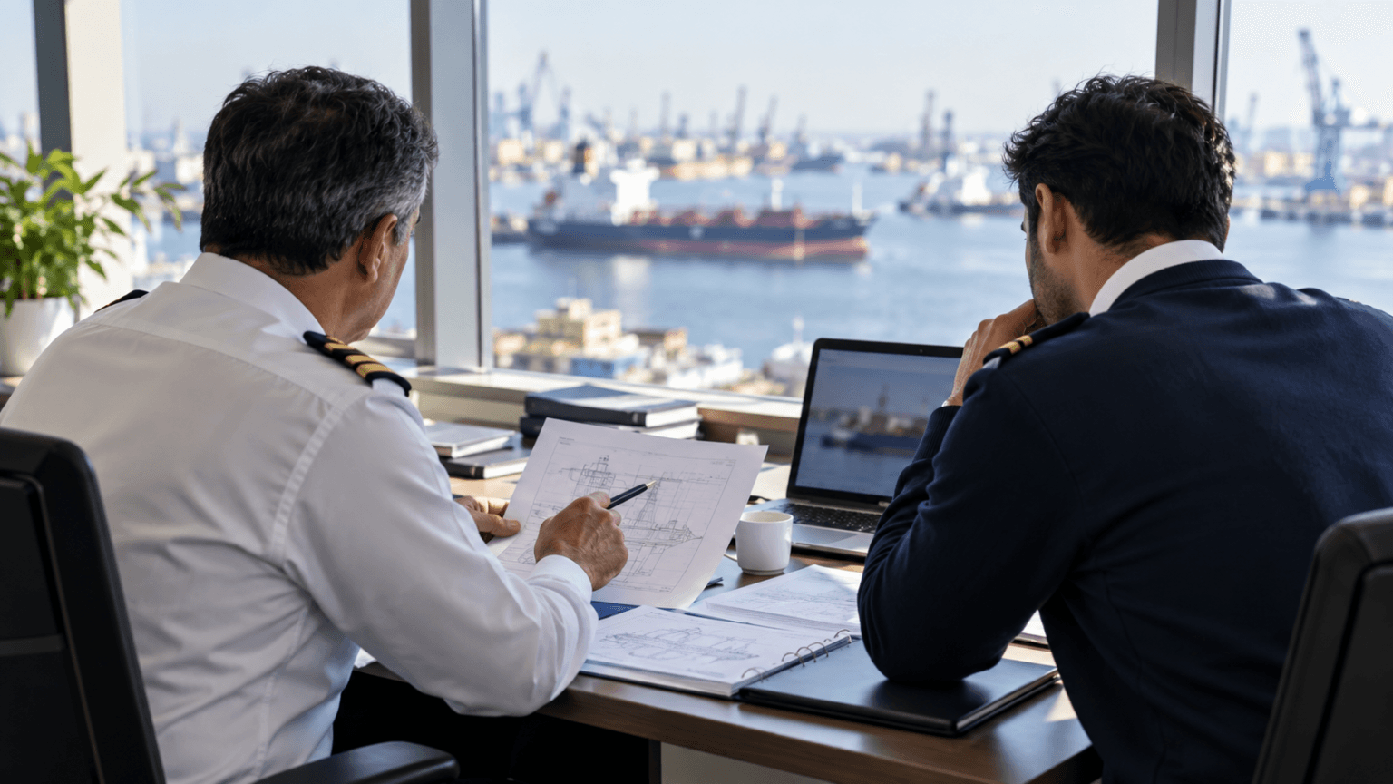 Two maritime professionals reviewing safety documents in an office overlooking a port